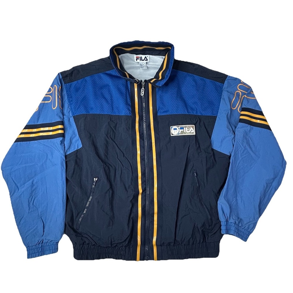VTG 90s‎ FILA Windbreaker Jacket Mens L Blue Colorblock Mesh Spellout Hong Kong
